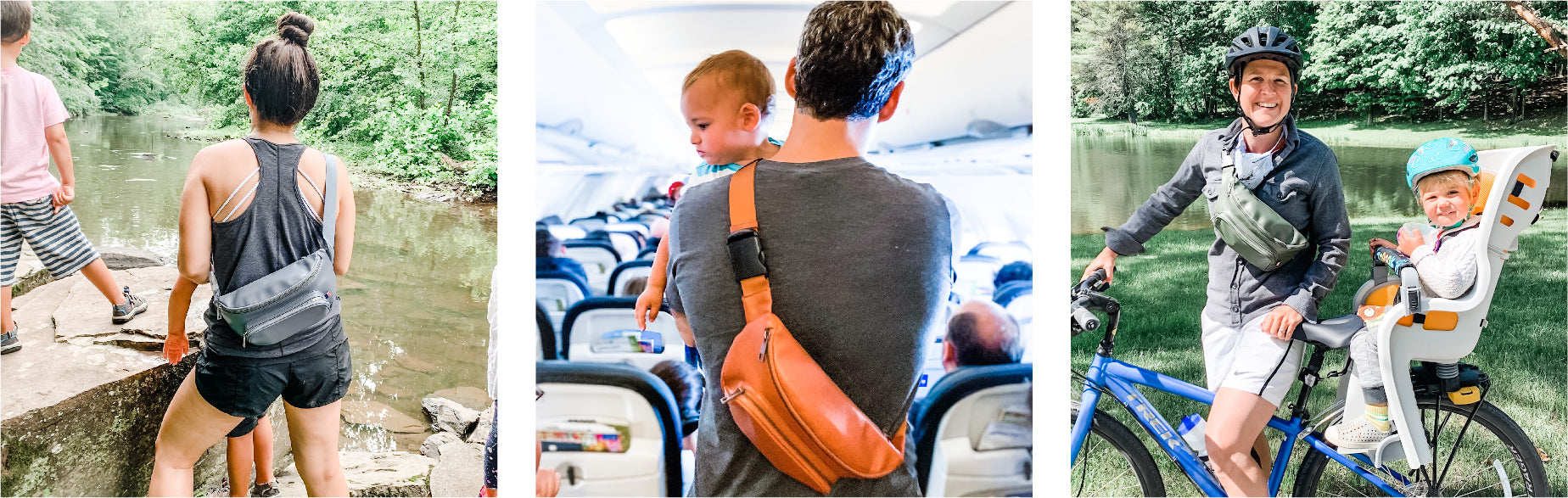 Mom wearing Kibou fanny pack diaper bag in charcoal