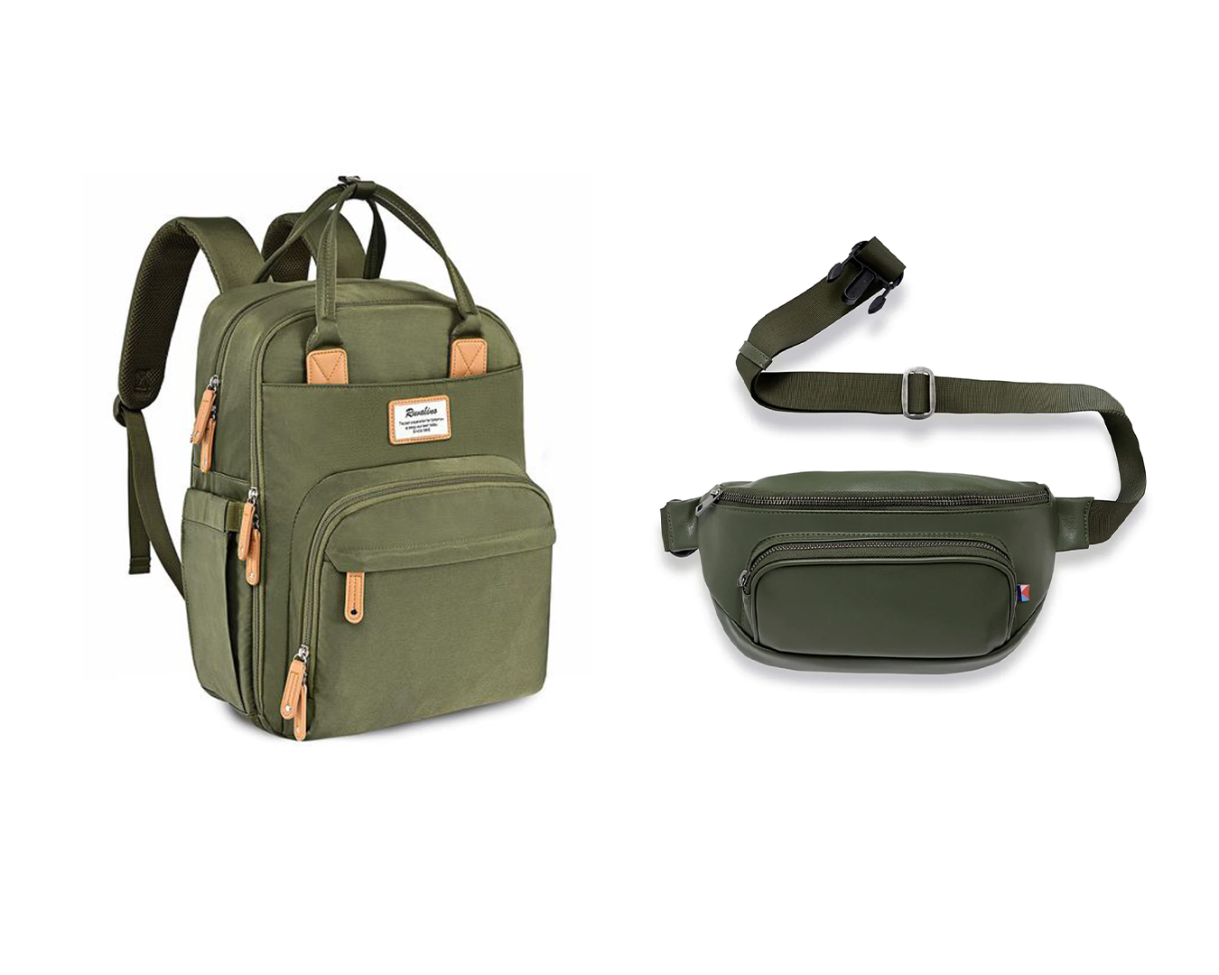 Kibou fanny pack diaper bag in olive and the Ruvalinio Diaper Bag