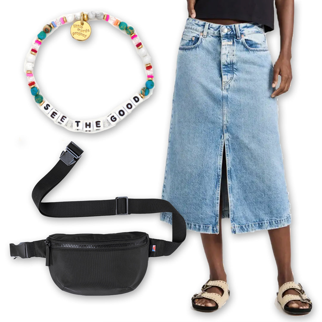 Denim skirt, beaded friendship bracelet and black nylon Kibou Mini