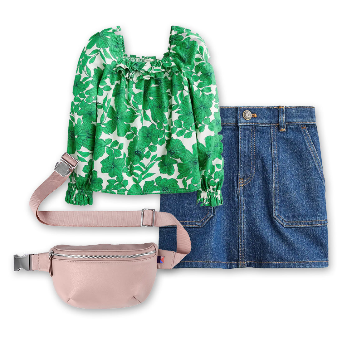 Outfit collage for girls with denim skirt, floral green top and Kibou Mini blush pink fanny pack in vegan leather