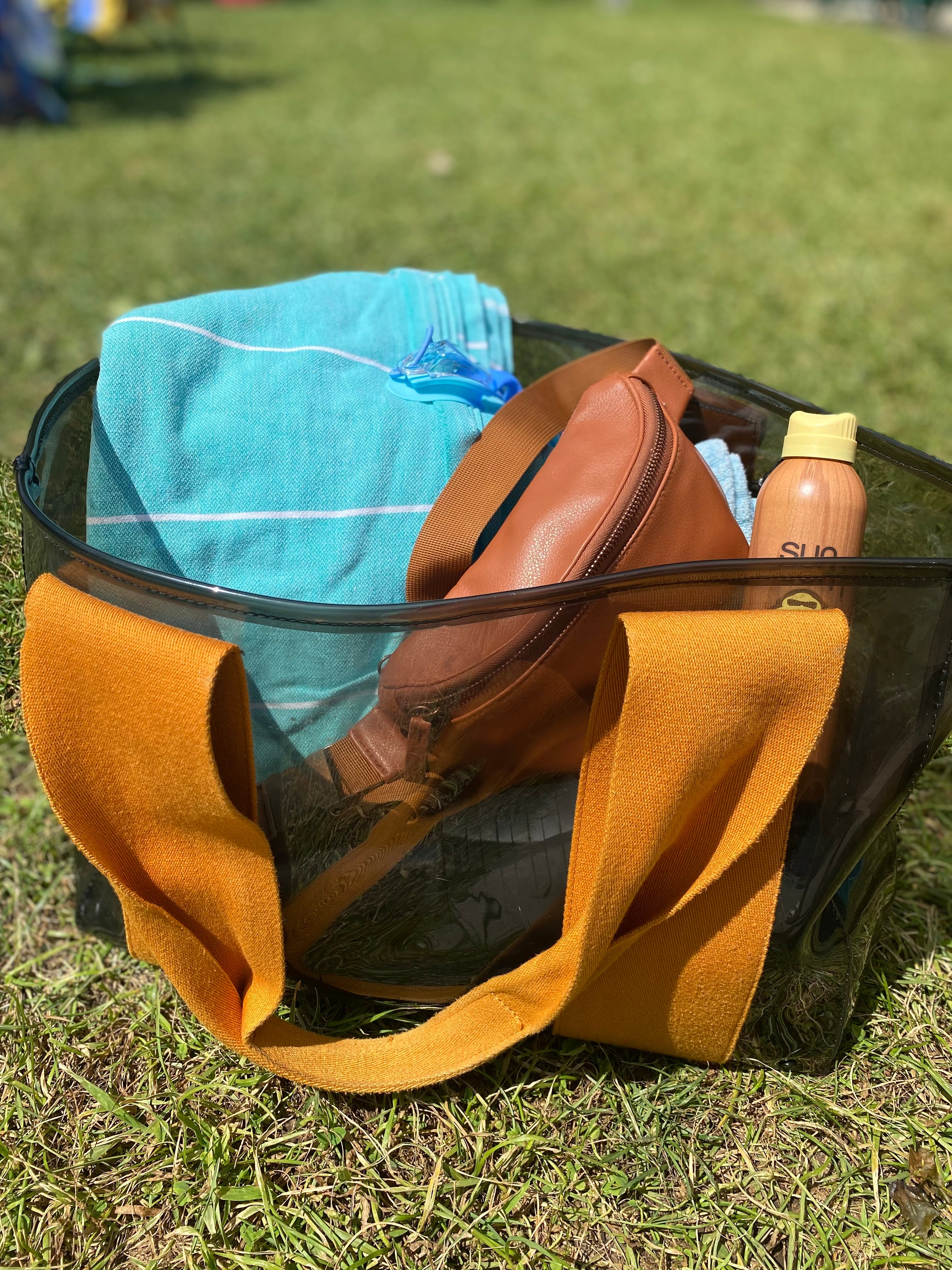 Kibou fanny back diaper bag inside beach bag for a pool day with kids