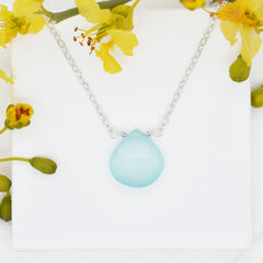 simple aqua chalcedony gemstone necklace on white background