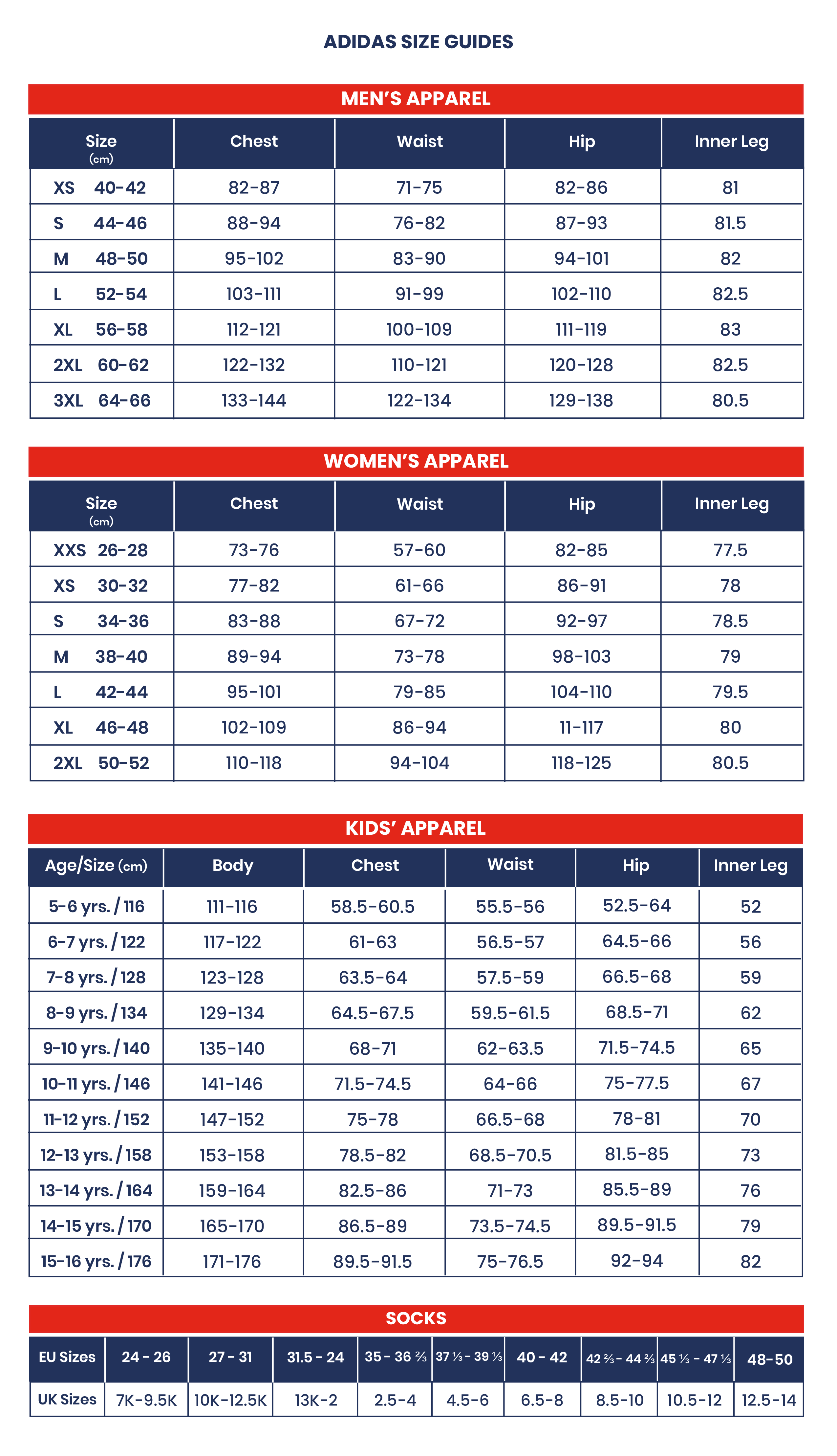 adidas size guides