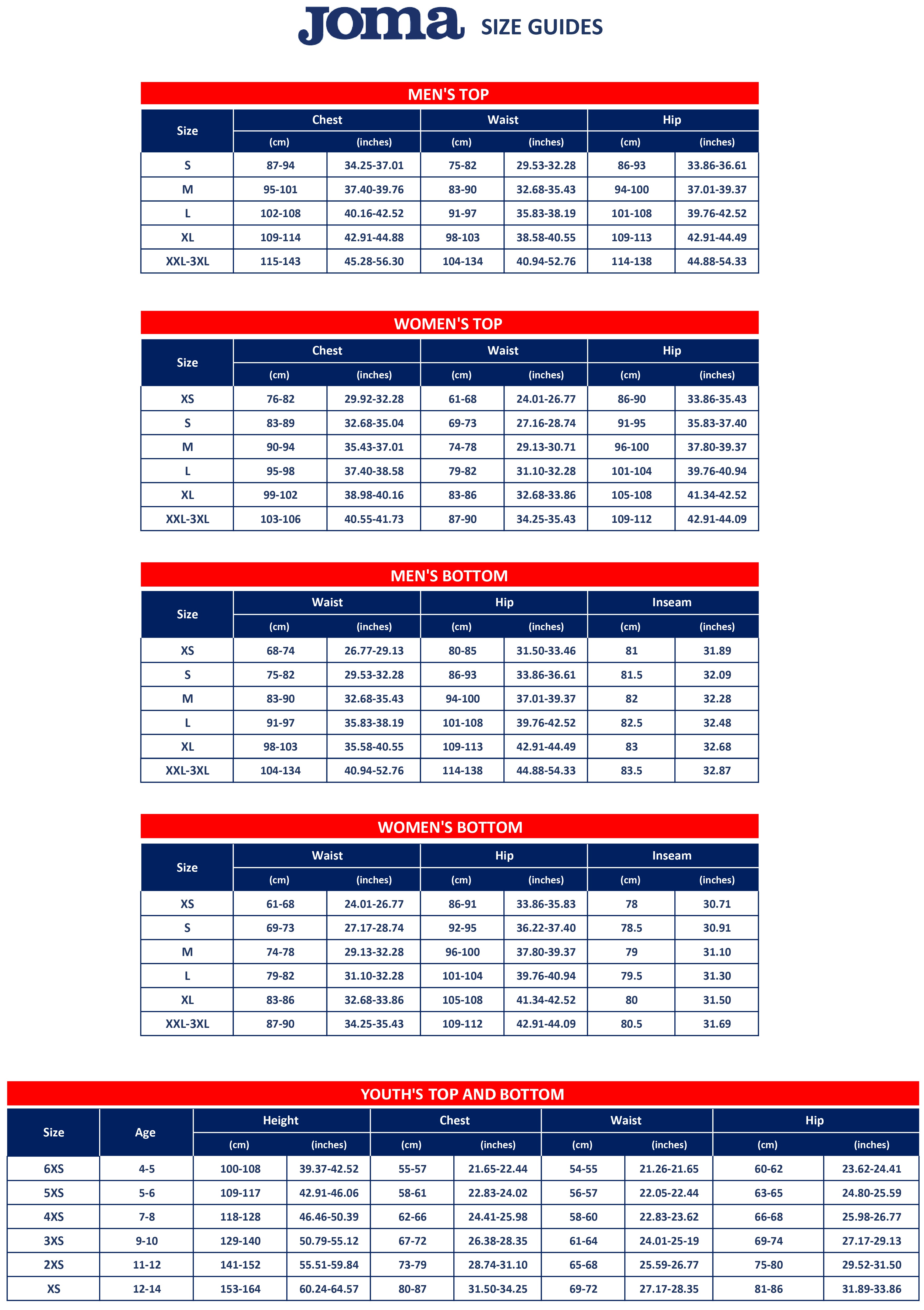 Joma size guide