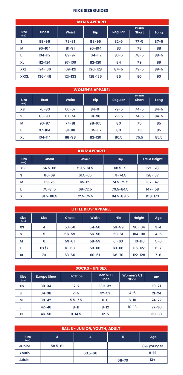 xs nike size chart