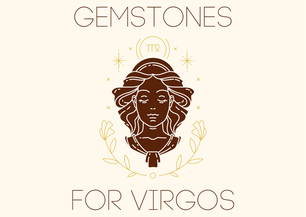 A graphic reading 'Gemstones for Virgos' with the Virgo symbol in the centre.