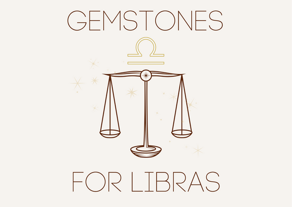 Gemstones for Libras with an illustration of balancing scales and the Libra star sign symbol.