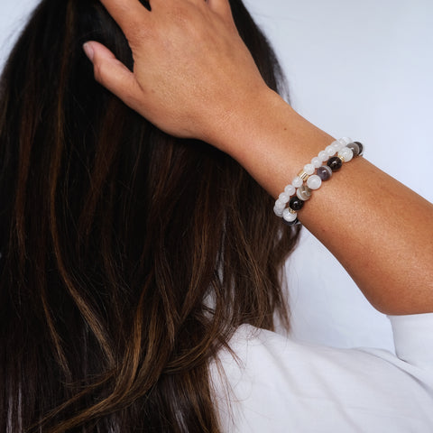 Botswana Agate, Moonstone and Smoky Quartz crystal bracelet worn with a 6mm moonstone crystal bracelet