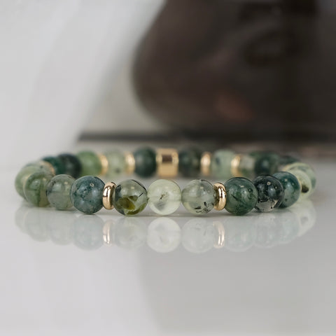 Moss Agate and Prehnite gemstone bracelet with gold accessories