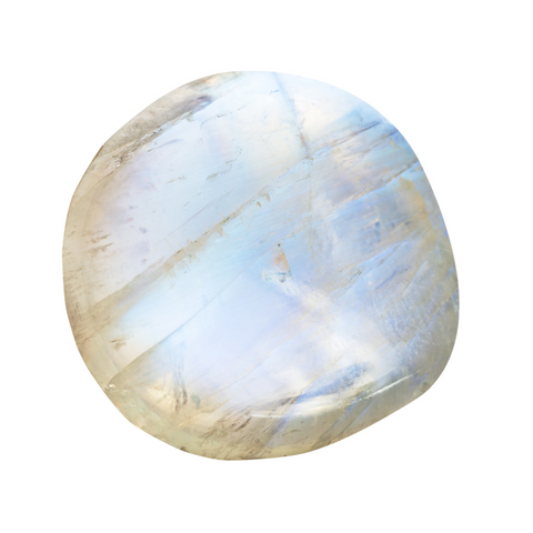 A moonstone gemstone. It's appearance is a milky white with blue shiny tones.