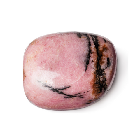 A Rhodonite gemstone. Its appearance is a light pink with black marks and stripes.