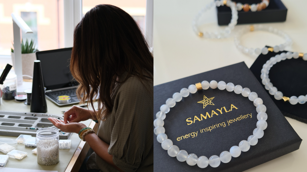 A photo of our founder Leanne making gemstone bracelets, next to a photo of our Moonstone energy gemstone bracelets on top of a Samayla Jewellery box.