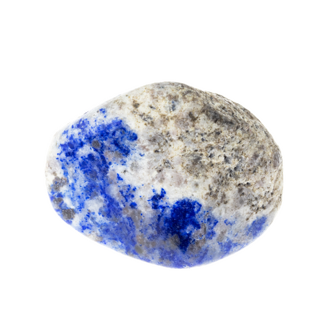 A Lapis Lazuli semi-precious gemstone. It's a dark blue colour, mottled with grey and white.