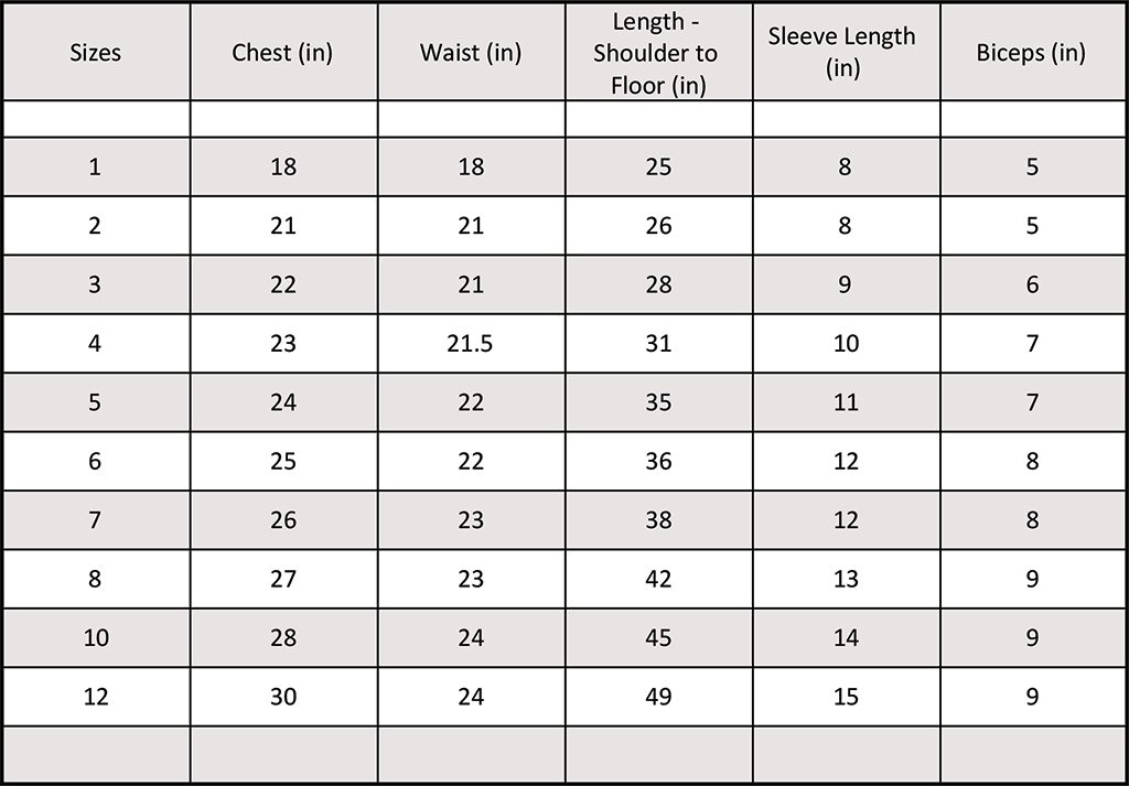 size chart for dresses