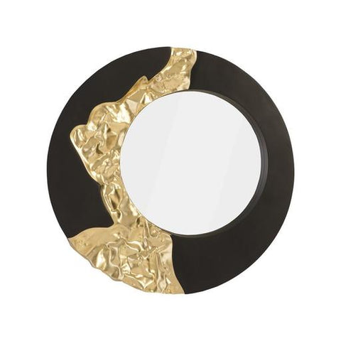 Circular mirror with black and gold leaf design
