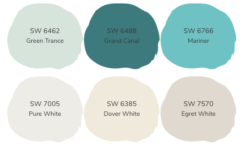 6 swatches of colors with their Sherwin Williams numbers and color names