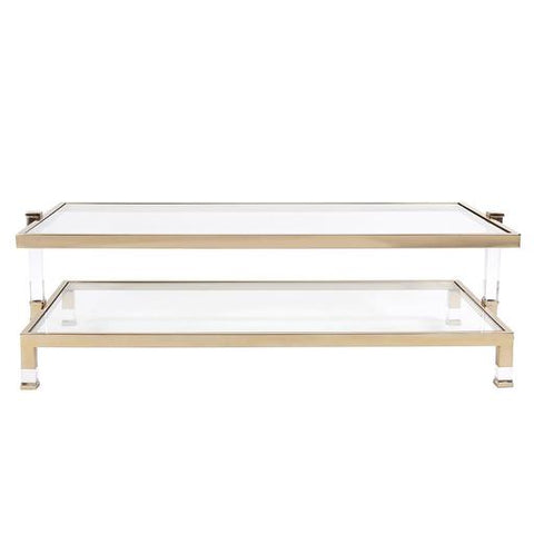 Clear glass coffee table with accented gold frame
