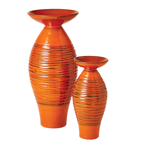 Product silo picture of small and large Rimpel Vases, orange with a wide brim that rising out of a narrow neck, ribbed edges detailing the side of the vases.