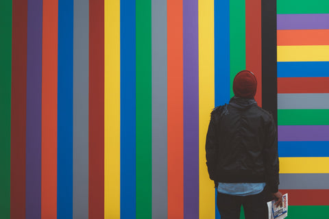 A picture of person with their back to us looking at a wall painted in numerous vertical colored stripes. Photo by Mario Gogh for Unsplash.