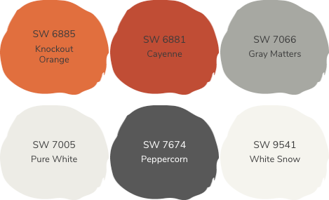 6 swatches of colors with their Sherwin Williams numbers and color names