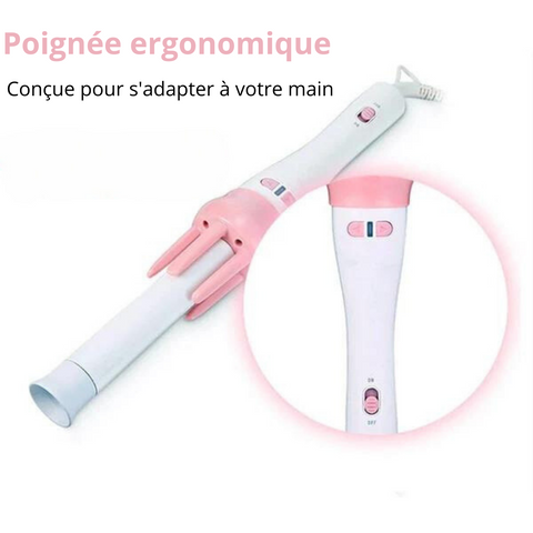 Appareil à boucler les cheveux ergonomique rose et blanc conçu pour s'adapter confortablement à votre main.