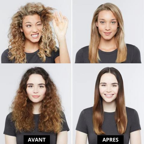 L'image montre 2 femmes avec des cheveux avant et après le lissage avec la Brosse sèche-cheveux