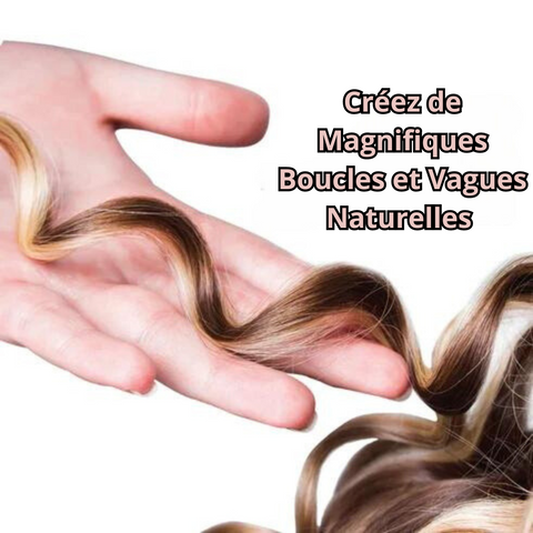 Main tenant une mèche de cheveux ondulés avec le texte 'Créez de Magnifiques Boucles et Vagues Naturelles' superposé.