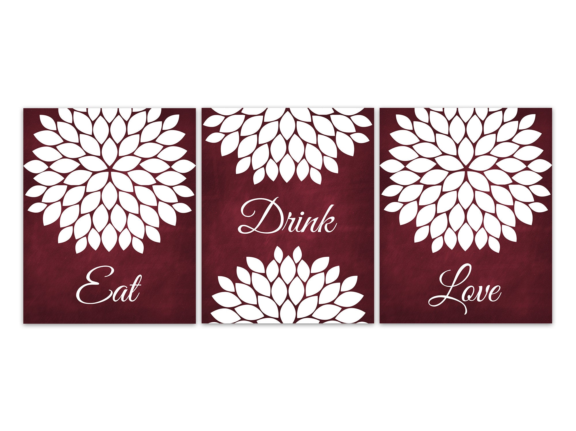 Eat Drink Love Floral Kitchen Art Burgundy And White Kitchen Decor Wall Art Boutique