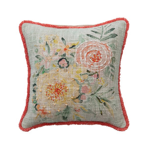 Cotton Slub Pillow with Flowers, Embroidery & Eyelash Fringe - Loved Homestead