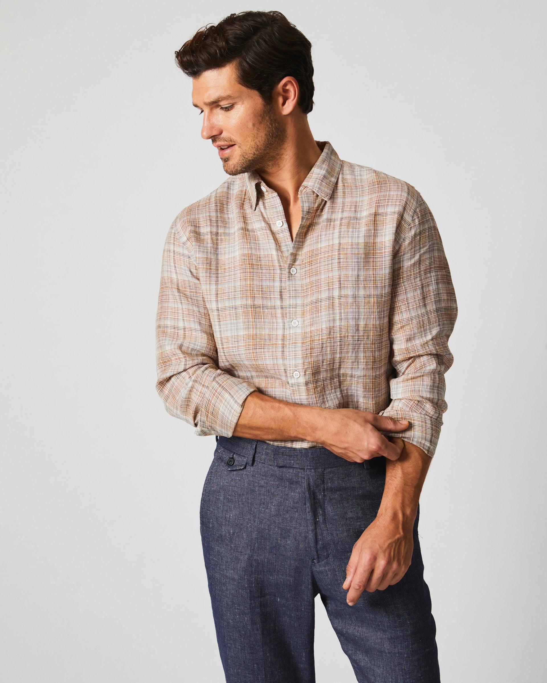 Shop Billy Reid Linen Line Plaid Wilson Shirt In British Khaki/silver