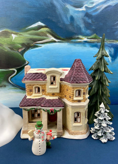 Christmas Village Rustic Cottage/Cabin with Boy & Dogs Figurine