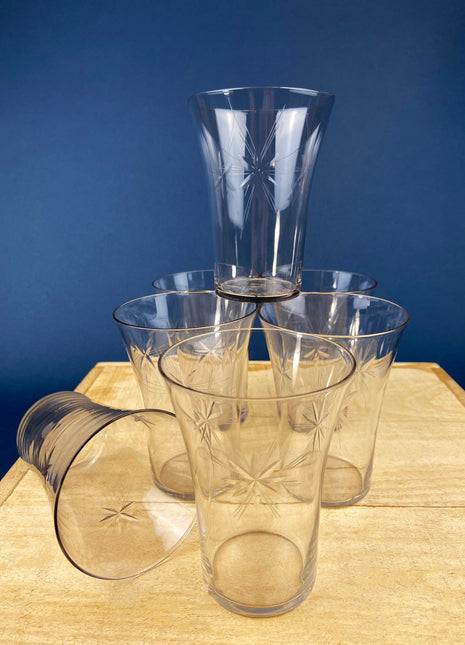 Etched Glass Tumblers. Set of Eight Water or Juice Glasses.