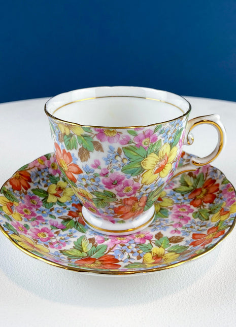 Colorful Tuscan Cup & Saucer. Hand-Painted Flower Motif. Vintage Break –  Anything Discovered