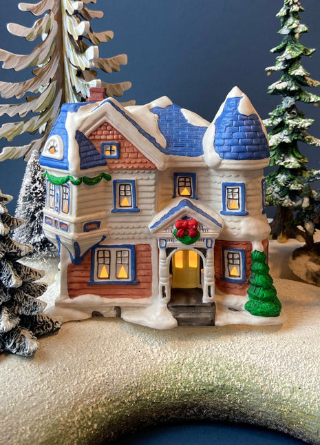 Christmas Village Rustic Cottage/Cabin with Boy & Dogs Figurine