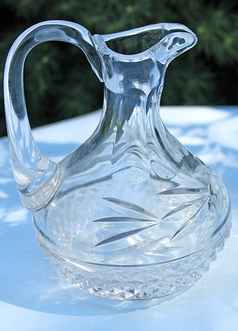 Tall Pressed Clear Glass Water Pitcher Diamond and Leaf Pattern