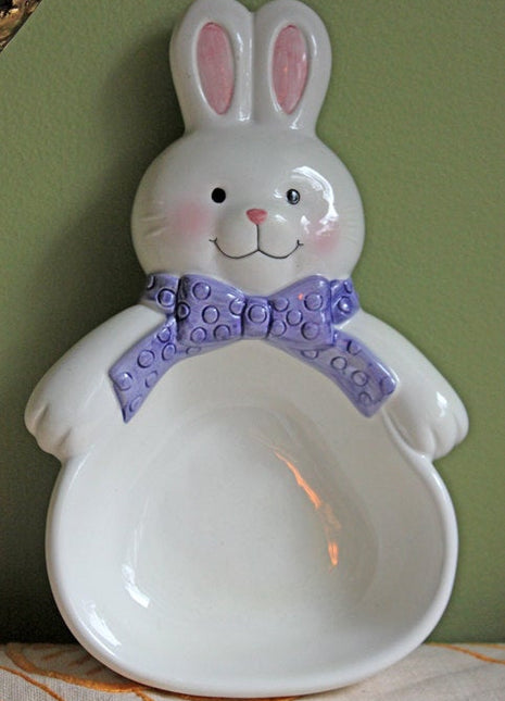 White Ceramic Bunny with Green Bow. Pink-Nosed, Blue-Eyed Rabbit. Easter or  Spring Celebration. Kids Room Decor. Rabbit Collectors.