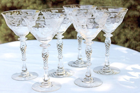 4 Vintage Etched CRYSTAL Wine Glasses ~ Champagne Glasses, Tiffin