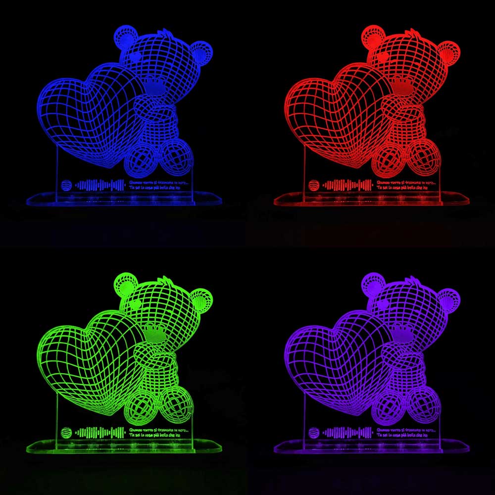 Lampada a led RGB in plexiglass, a forma di orso con cuore, con dedica e Spotify Code, RGB