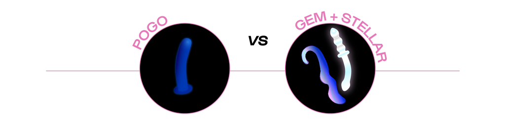 Illlustration of Pogo silicone dildo versus Gem and Stellar glass dildo