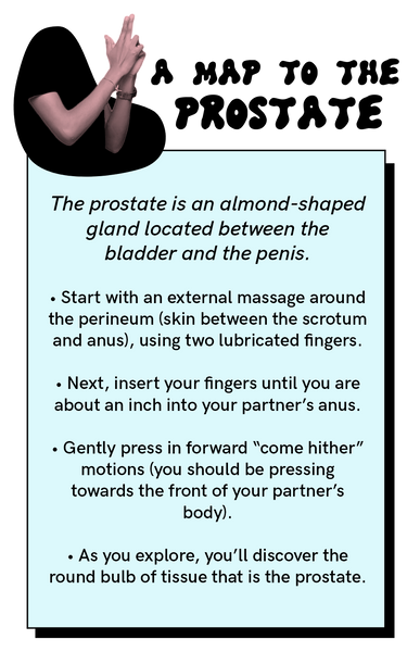 The prostate is an almond-shaped gland located between the bladder and the penis.  Start with an external massage around the perineum (skin between the scrotum and anus), using two lubricated fingers.  Next, insert your fingers until you are about an inch into your partner’s anus.  Gently press in forward “come hither” motions (you should be pressing towards the front of your partner’s body).  As you explore, you’ll discover the round bulb of tissue that is the prostate.