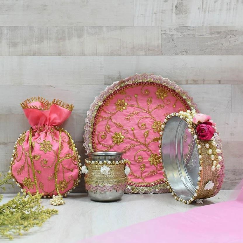 Floral Pink Bridal Karwa Chauth Thali Set