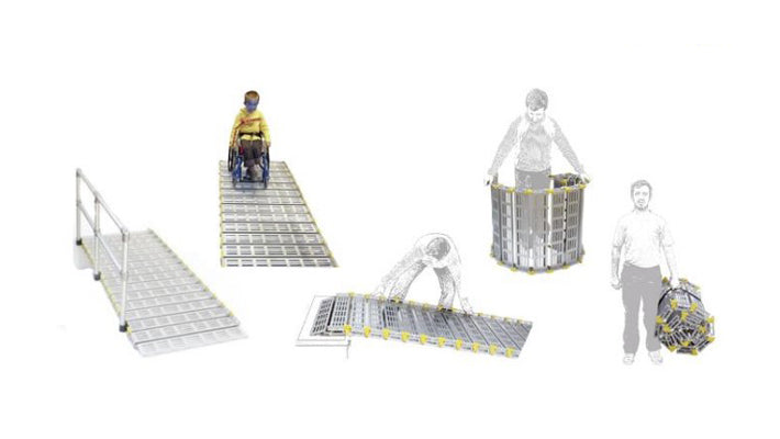 Roll A Ramp child in wheelchair, railed portable aluminum ramp, storing and putting away the metal ramp