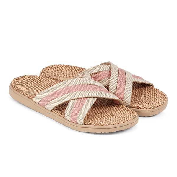 Lovelies Polhena sandal -  Soft and comfortable rubber sole covered in natural jute. The six straps are beautiful woven in 2 color cotton. Wonderful summer sandals.