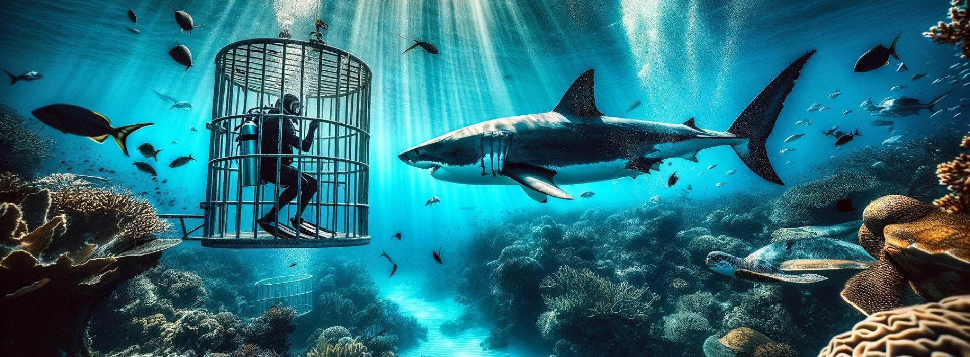 Diver-encounter-a-great-white-shark-in-a-cage