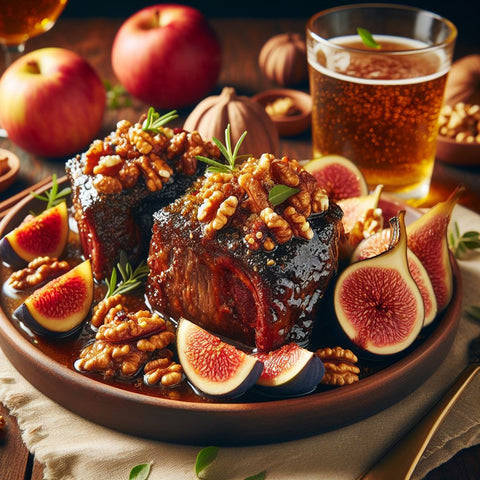 Apple Cider-Braised Short Ribs with Fig and Walnut Stuffing: Rich and aromatic braised short ribs with a sweet and tangy cider glaze, stuffed with a savory fig and walnut mixture.