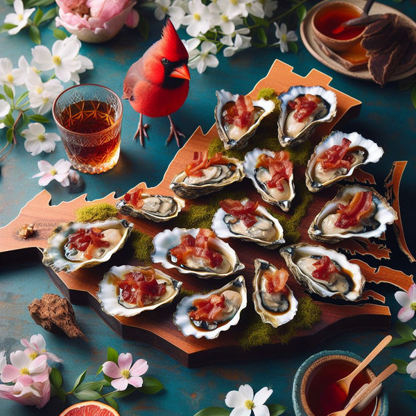 Oysters with Bacon and Bourbon Glaze served atop a platter shaped like the state of virginia and featuring a red cardinal on the table along with dogwood flowers