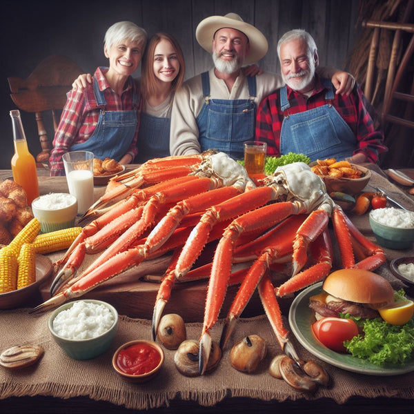 Family smiling over a large pile of snow crab legs