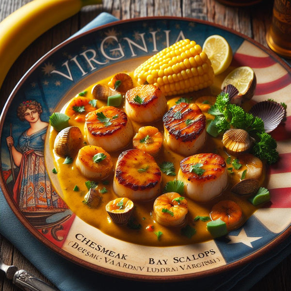 Chesapeake Bay Scallops with Banana Curry Sauce on a Virginia themed plate