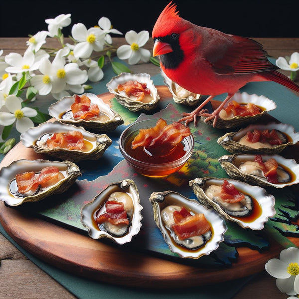 Oysters with Bacon and Bourbon Glaze served atop a platter shaped like the state of virginia and featuring a red cardinal on the table along with dogwood flowers