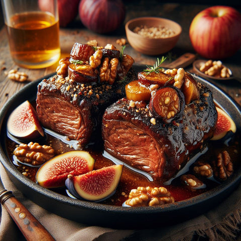 Apple Cider-Braised Short Ribs with Fig and Walnut Stuffing: Rich and aromatic braised short ribs with a sweet and tangy cider glaze, stuffed with a savory fig and walnut mixture.